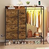 HIGDBFE Dresser with Hanging Rack, 8-Drawer Dresser for Bedroom with Charging Station & LED Lights, Kids Dressers with Shoe Rack, Rustic Brown, 11.8" D x 42" W x 42.7" H (8 Drawers)