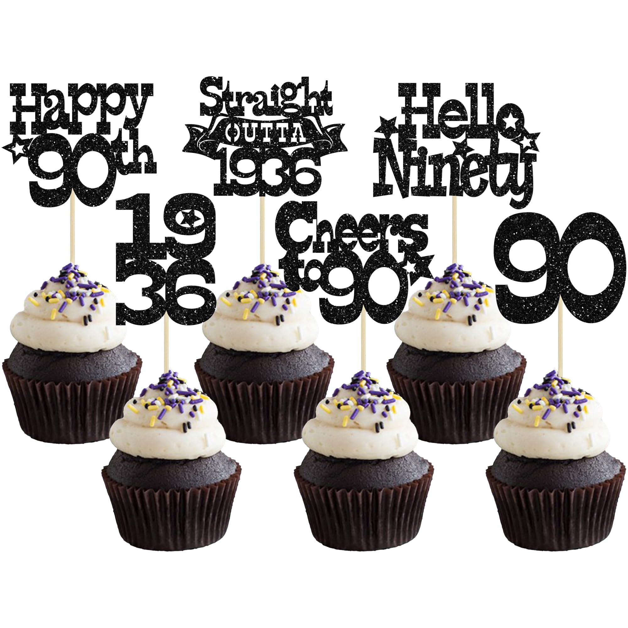 Ephlyn 30Pcs Straight Outta 1936 Cupcake Toppers Glitter Ninety Happy 90th Birthday Cupcake Picks Cheers to 90 Years Cake Decorations for Happy 90th Birthday Anniversary Party Supplies Black