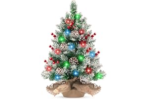 DOHOME Pre-lit Mini Christmas Tree 20 Inch Small Tabletop Xmas Tree with 30 LED String Lights Locking Snow Frost Tips Berries Wood Base Ornaments Tabletop Artificial Pine Tree for Christmas Decoration