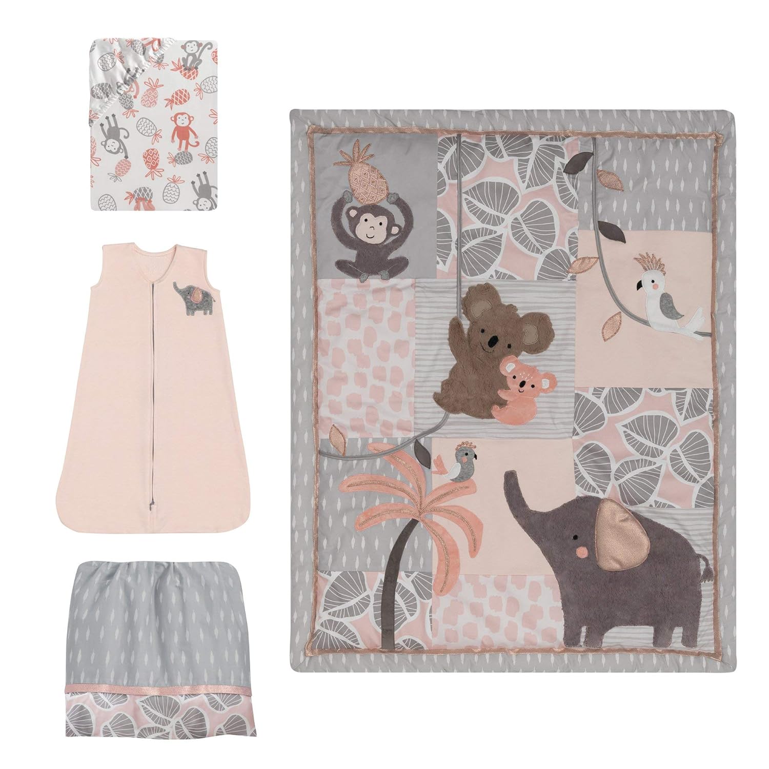 Lambs & Ivy Calypso 4-Piece Crib Bedding Set - Pink, Gray, Gold, Animals, Jungle : Baby