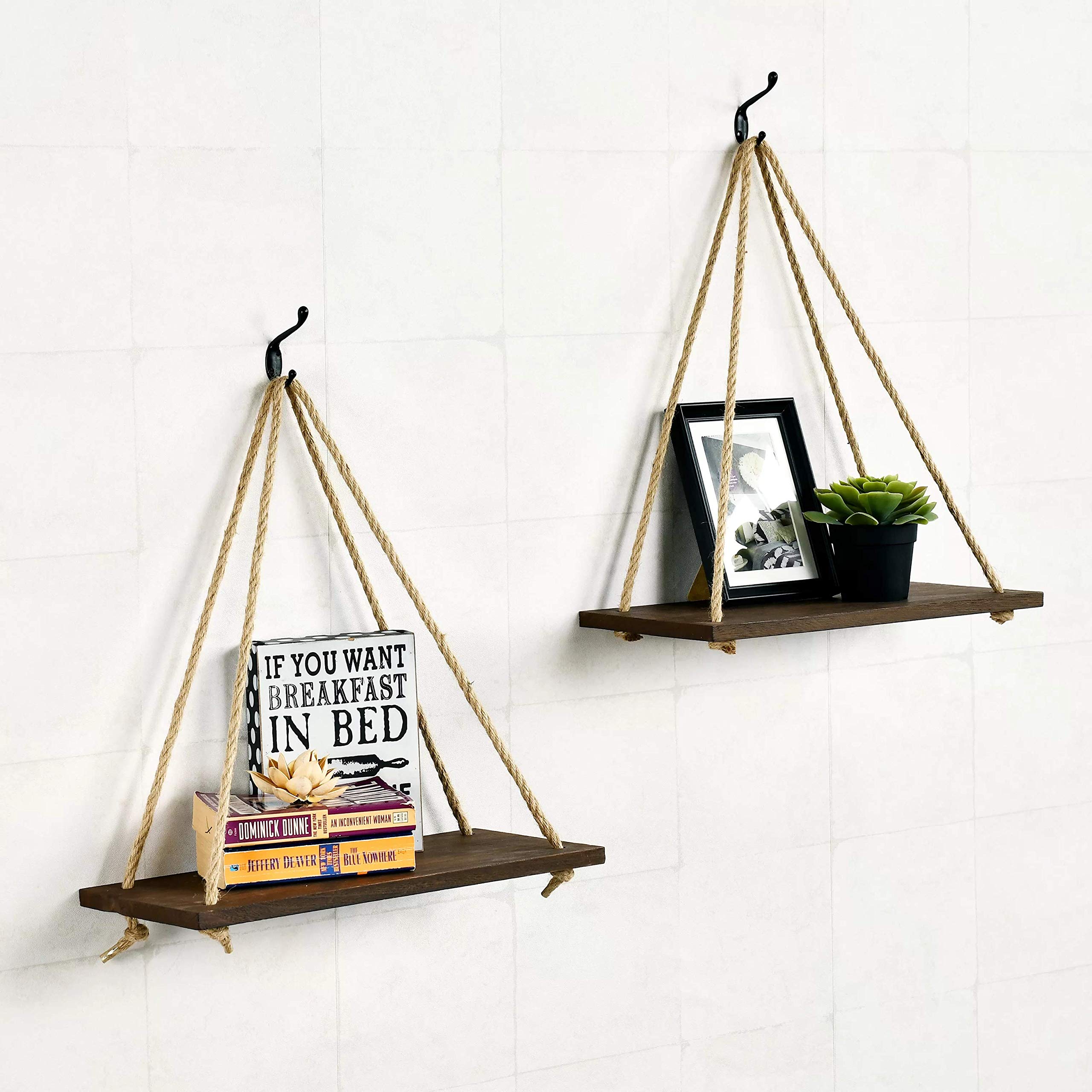 Buy RHF Rustic 17 Inch Wood Hanging Swing Rope Shelves Floating Shelves