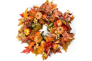 HomeKaren Fall Wreaths for Front Door 22 inch, Fall Door Wreath with Pumpkin, Maple Leaves Autumn Thanksgiving Harvest Festival Decorations Indoor and Outdoor