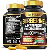 Tenmido Berberine Supplement - 10in1 Formula with Ashwagandha, Ceylon Cinnamon, Turmeric, Panax Ginseng, Slippery Elm, Fennel, Green Tea, & More - Immune, Digestive Support - 120 Caps