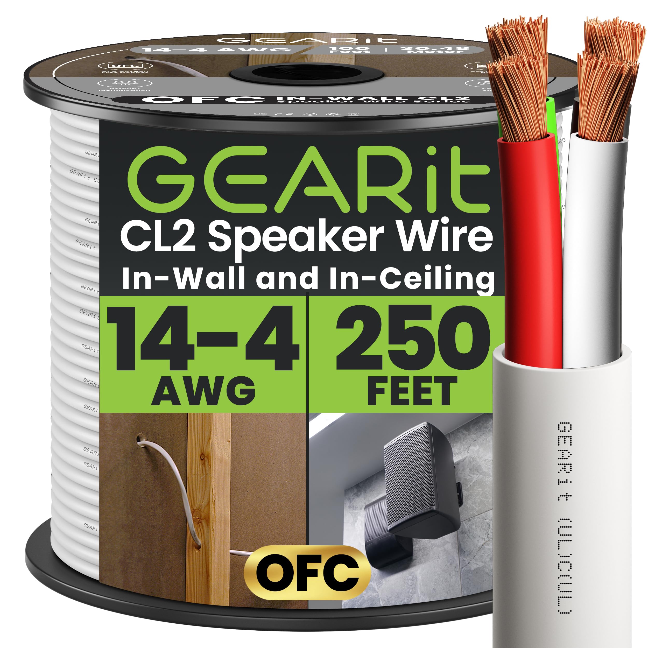 GearIT 14/4 Speaker Wire (250 Feet) 14AWG Gauge - Fire Safety In Wall Rated Audio Speaker Wire Cable / CL2 Rated / 4 Conductors - OFC Oxygen-Free Copper, White 250ft