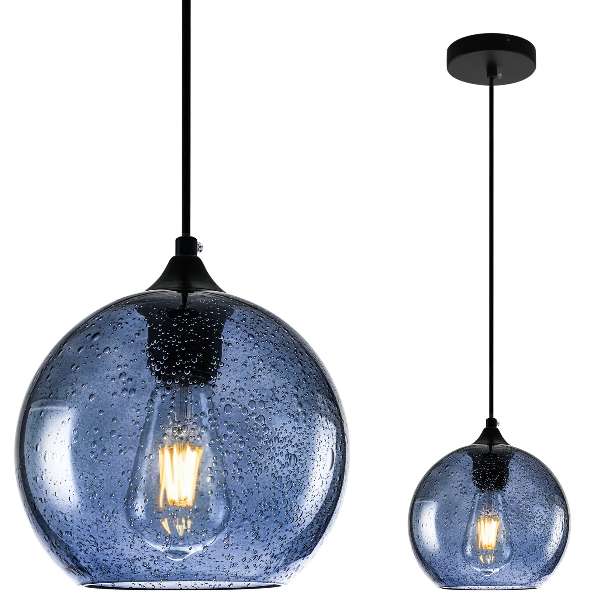 Photo 1 of GLAMIGHT Blue Glass Pendant Lights Kitchen Island Modern Globe Hand Blown Glass Ceiling Hanging Lights fixtures for Living Dining Room Bedroom (7.8in)