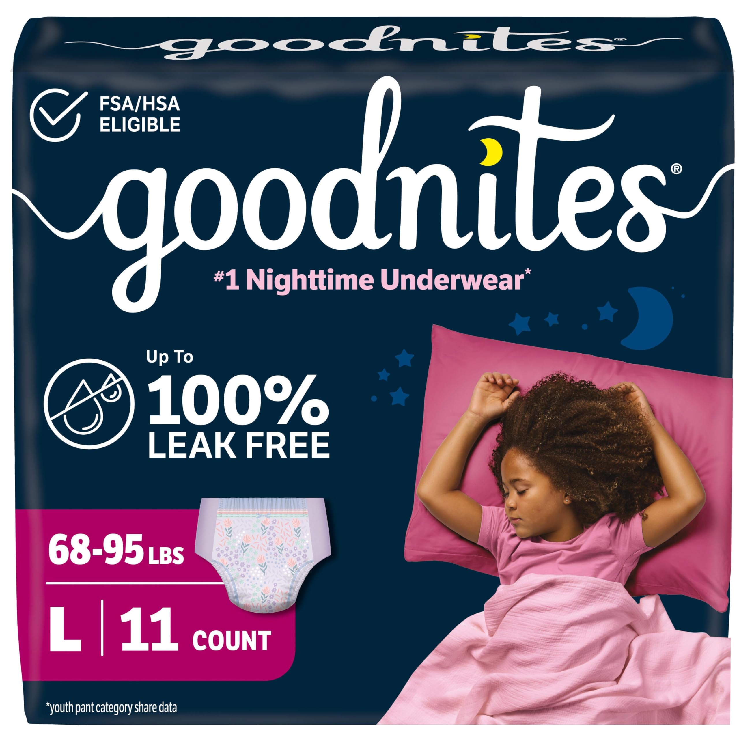 Goodnites Girls' Nighttime Bedwetting Underwear, Size Large (68-95 lbs), 11 Ct, Packaging May Vary