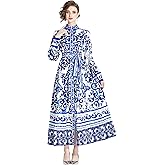 LAI MENG FIVE CATS Women's Vintage Floral Print Long Lantern Sleeve Button Up Loose Fit Party Maxi Dress