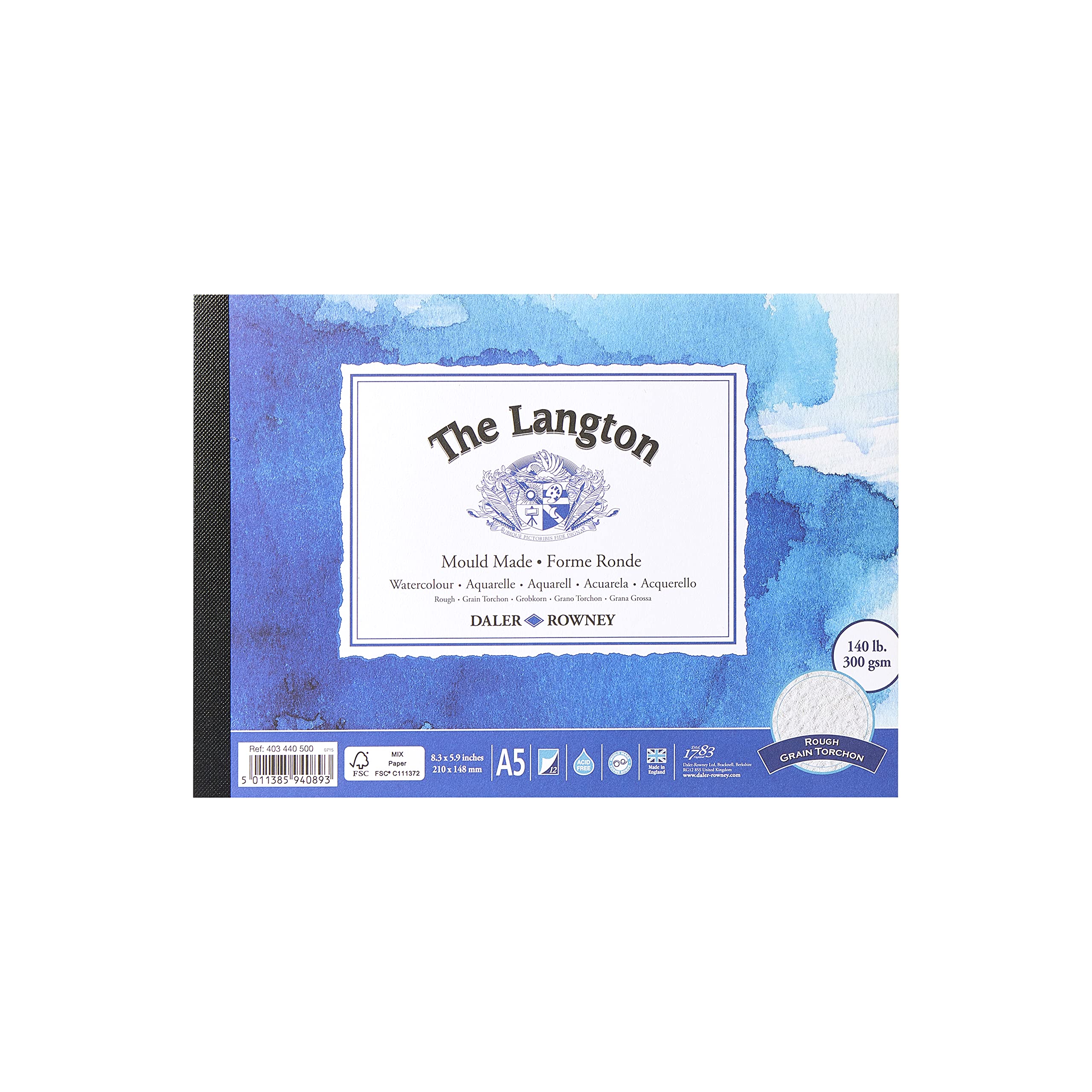 Daler-Rowney The Langton Rough 300gsm A5 Watercolour Paper Pad, Glued 1 Side, Acid-free, 12 Natural White Sheets, Ideal for Professional Artists