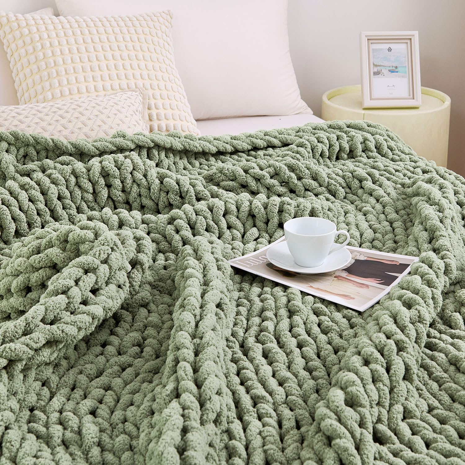 Photo 1 of Admitrack Chunky Knit Blanket Throw, 100% Hand Knit Chenille Throw Blanket for Sofa & Home Decor, Soft and Cozy Knitted Throw Blankets (Sage Green?51"x63")