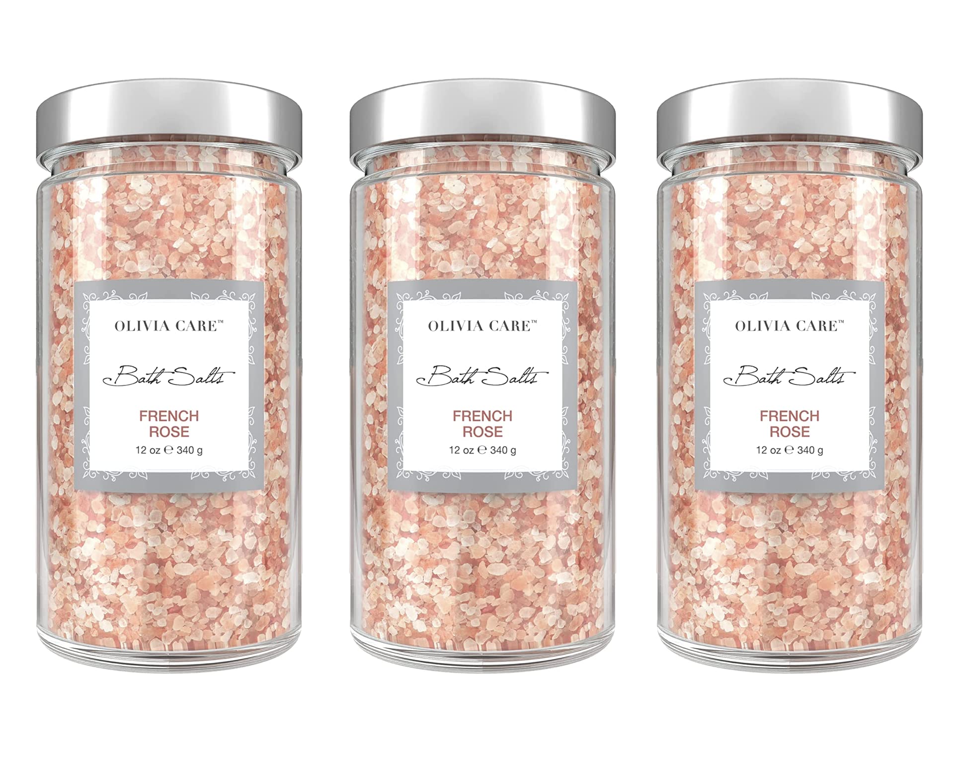 Olivia Care Pink Himalayan Bath Salts - Relieves & Relax Muscles. Exfoliate, Heal, Rejuvenate, Cleansing & Soothes Skin | Made with Natural Ingredients. Fresh Fragrance - 12 OZ (French Rose, 3 Pack)
