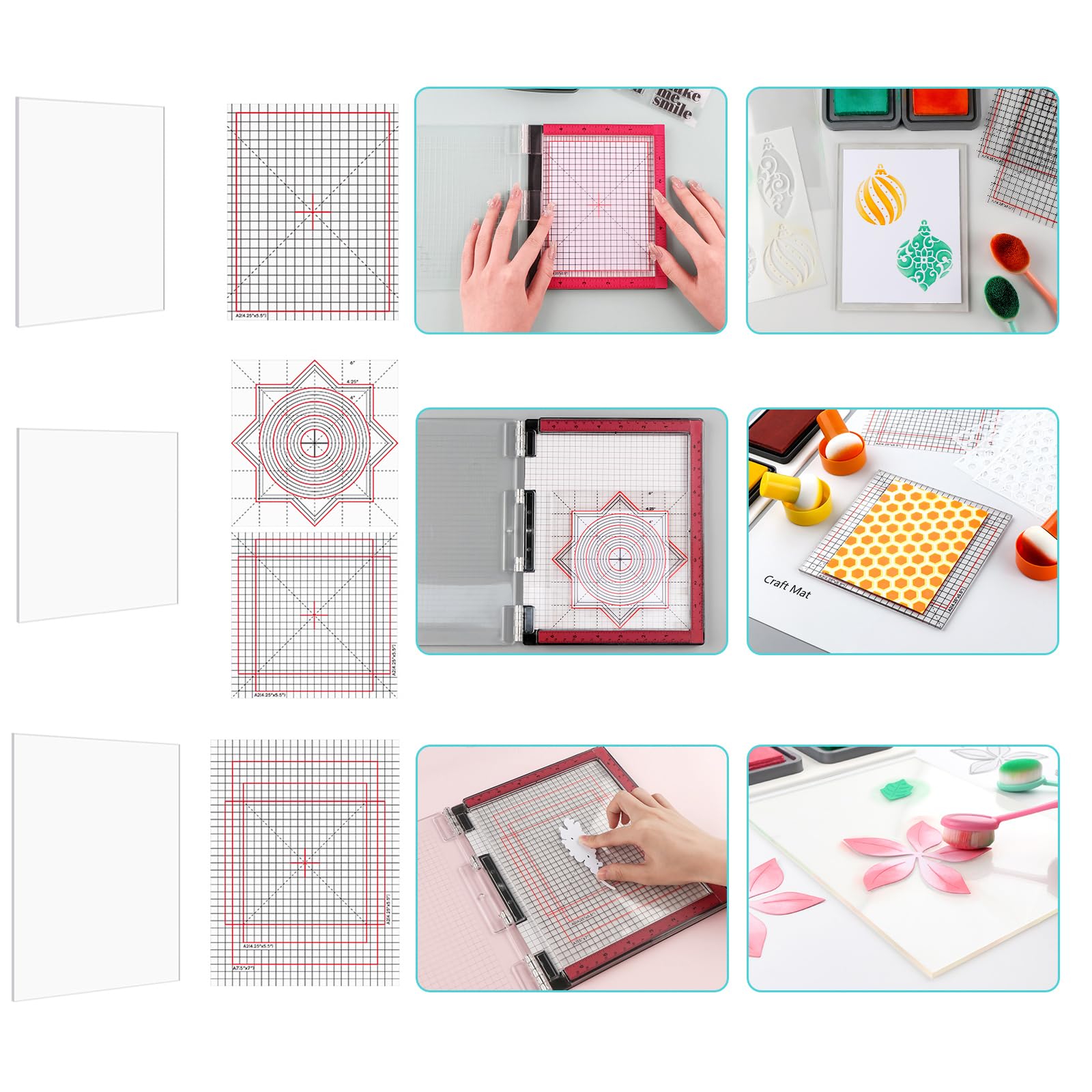 Briartw Grip Mat with Printed Guides,4.75x6,6x6,6.5x8.5 Multi-Use Non-Slip Sticky Mats Fit in Stamp Positioning Tool,Photopolymer Mat for Centering & Aligning Tape-Free Stenciling Ink Blending