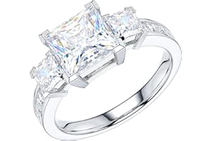 THELANDA Sterling Silver Center 1.5CT Three Stone Style All Princess Cut Side Stones Promise Engagement Ring