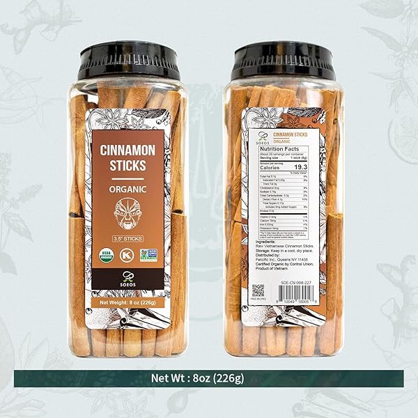 SOEOS ORGANIC CINNAMON STICKS, 8 OZ (226G), 3.5″ LENGTH, 100% RAW, NON-GMO, KOSHER CERTIFIED, WHOLE CINNAMON STICKS SEASONING SPICE FOR COFFEE, BAKING, COOKING AND BEVERAGES