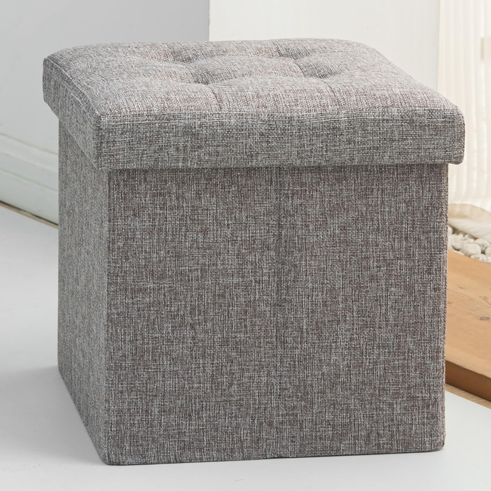 Oak & Tea Storage Ottoman Seat Foldable Storage Box With Lid Folding Footstool For Kids Adults Toy Storage Box Grey 30x30x30cm