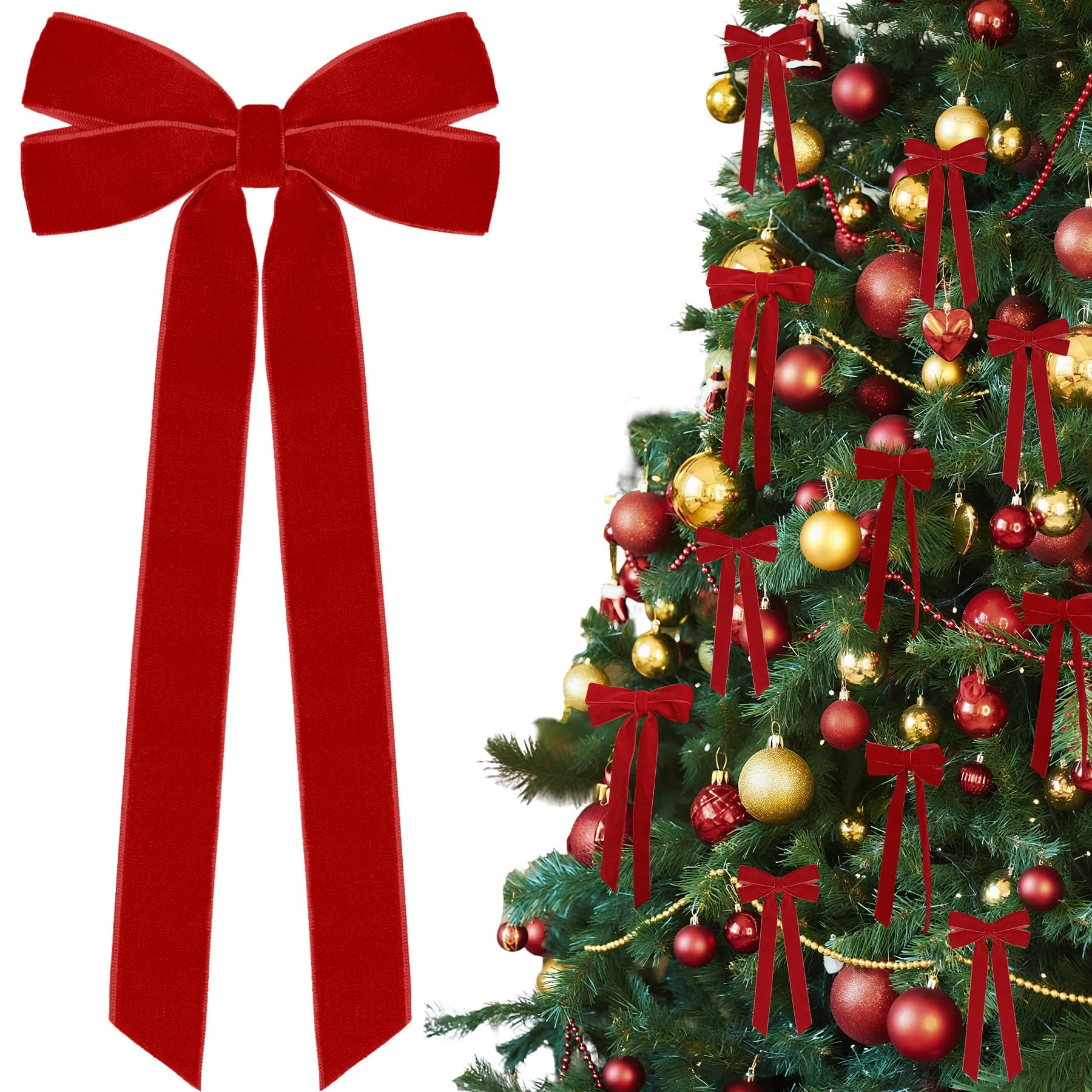 Photo 1 of 12Pcs Red Velvet Ribbon Bows Christmas Tree Decorations,5in x 10in Xmas Ornaments for Tree Home Party Front Door Wreath Holiday Decor