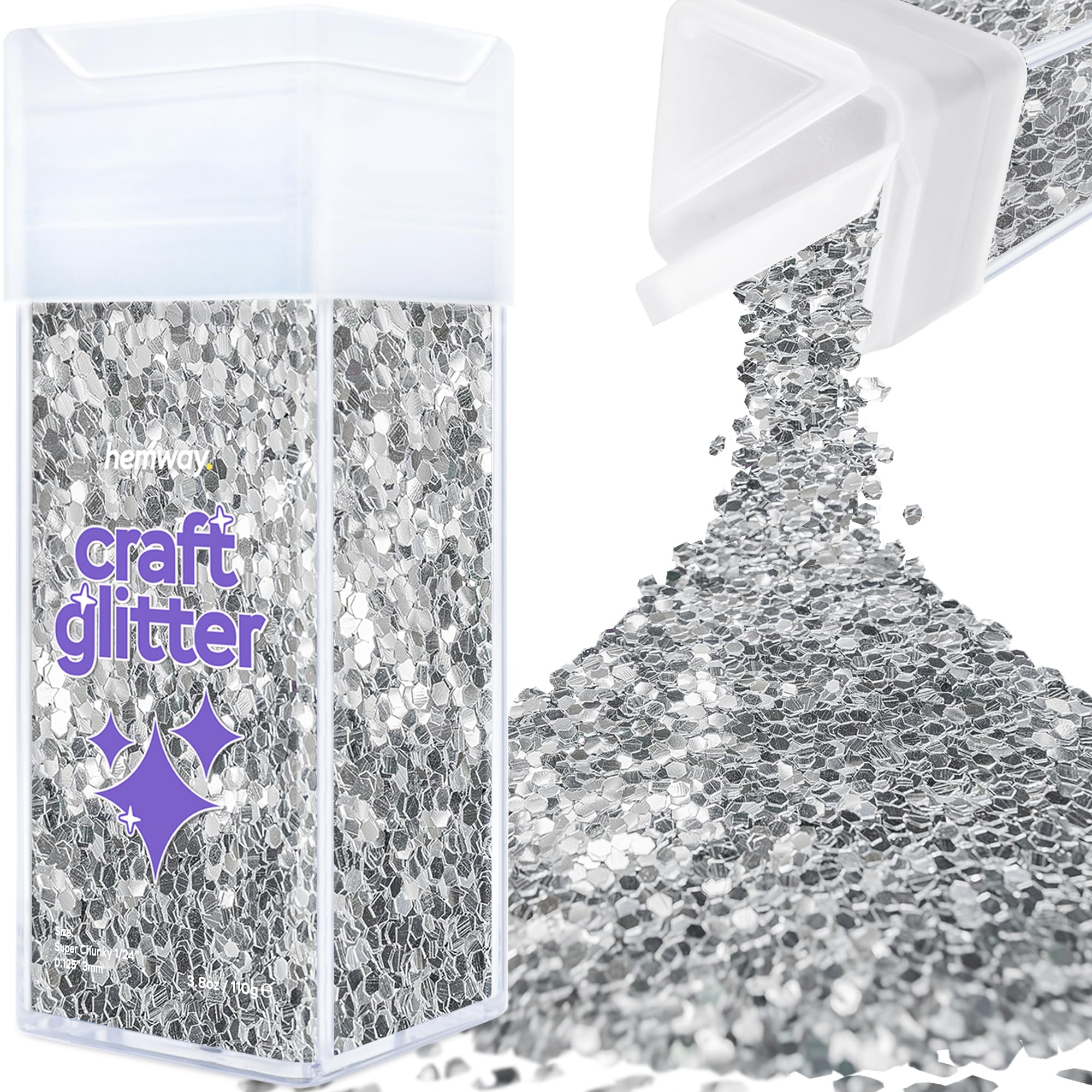 Hemway Glitter Shaker Silver 110g Super Chunky, Craft Glitter Shaker for Resin & Epoxy Crafts, Christmas Art Supplies, Nail, Body, Face, Eye, Festival, Crafting, Slime, Sparkle