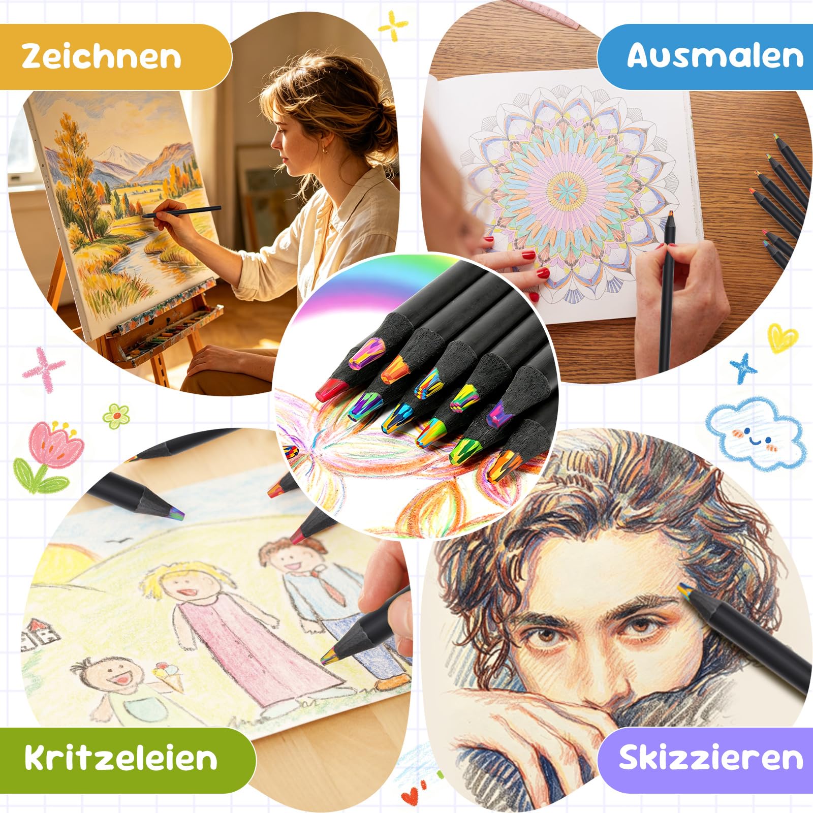 Ugmic Regenbogenstift 12 Stück, Buntstifte Kinder 7 in 1 Regenbogen Buntstifte, Dickere Mine Art Supplies für Erwachsene Zeichnung FäRbung Skizzieren Schule Klassenzimmer 7