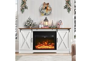 4 EVER WINNER Fireplace TV Stand with 23" Electric Fireplace, Sliding Barn Door, Farmhouse Entertainment Center with Adjustable Storage Cabinets, TV Console Table for Living Room, White