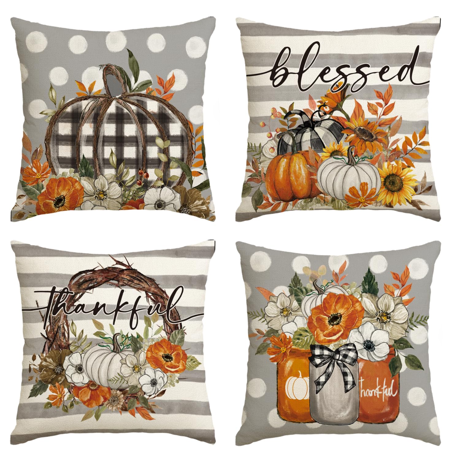 Photo 1 of AVOIN colorlife Fall Pumpkin Floral Eucalyptus Wreath Throw Pillow Covers, 18 x 18 Inch Autumn Thankful & Blessed Harvest Decorations for Sofa Couch Set of 4