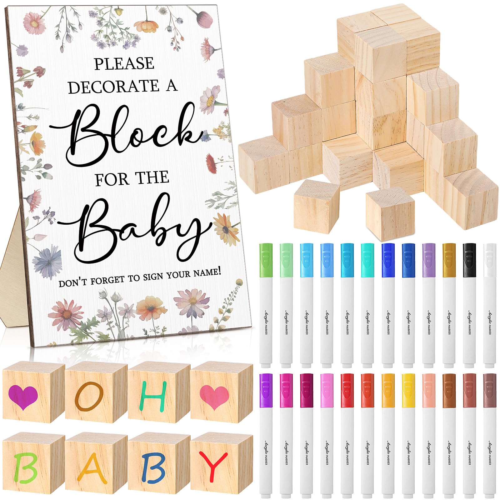 Photo 1 of Qilery 75 Pcs Baby Shower Games Sign Kit Including Decorate a Block Game Sign 50 DIY Blank Wooden Block 24 Acrylic Paint Marker Baby Shower Prize for Winners Gender Reveal(Pastel,Wildflower)