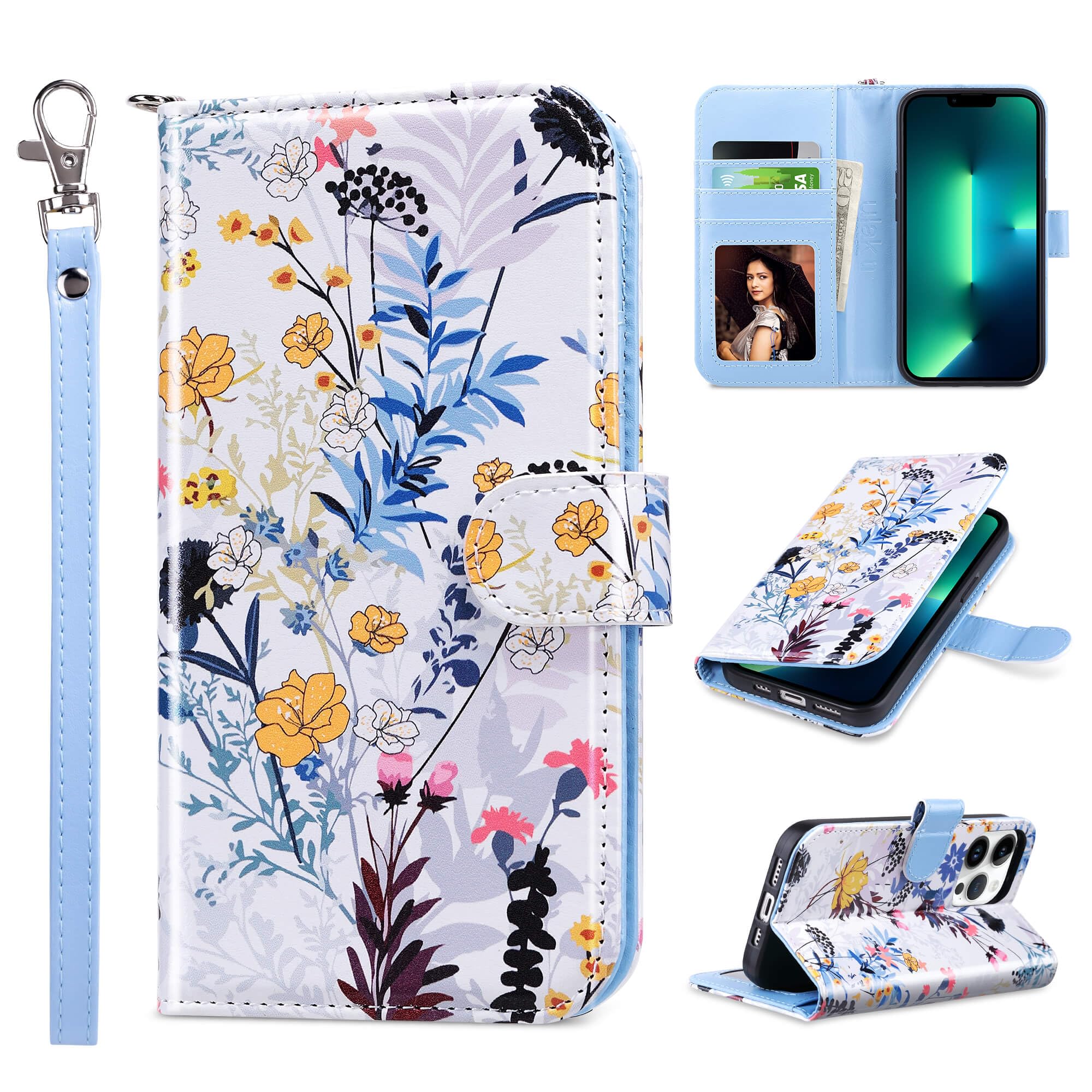 ULAK Compatible with iPhone 13 Pro Wallet Case for Women, Premium PU Leather Flip Cover with Card Holders, Kickstand Feature Folio Purse Case for iPhone 13 Pro 6.1 Inch, Tropical Forest