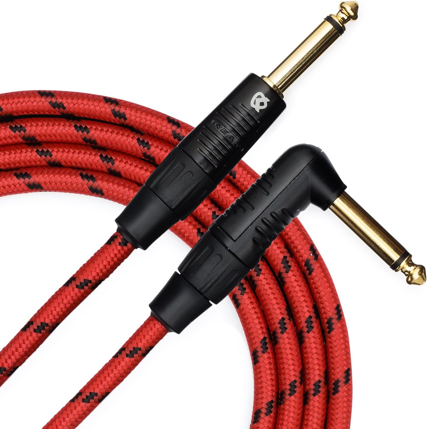 KLIQ Guitar Instrument Cable, 10 Ft - Custom Series with Premium Rean-Neutrik 1/4" Straight to Right Angle Gold Plugs, Red/Black Tweed