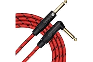 KLIQ Guitar Instrument Cable, 20 Ft - Custom Series with Premium Rean-Neutrik 1/4" Straight to Right Angle Gold Plugs, Red/Bl