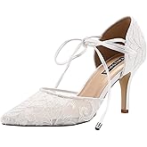 ERIJUNOR Ivory Lace Mesh Satin Bridal Wedding Shoes for Women Comfortable Mid Heel Tie Up Ankle Strap Pointy Toe Pumps