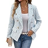 Mina Self 2026 Spring Women's Tweed Plaid Blazer Jacket - Double-Breasted Fully-Lined Slim Petite Cute Casual Work Pocket