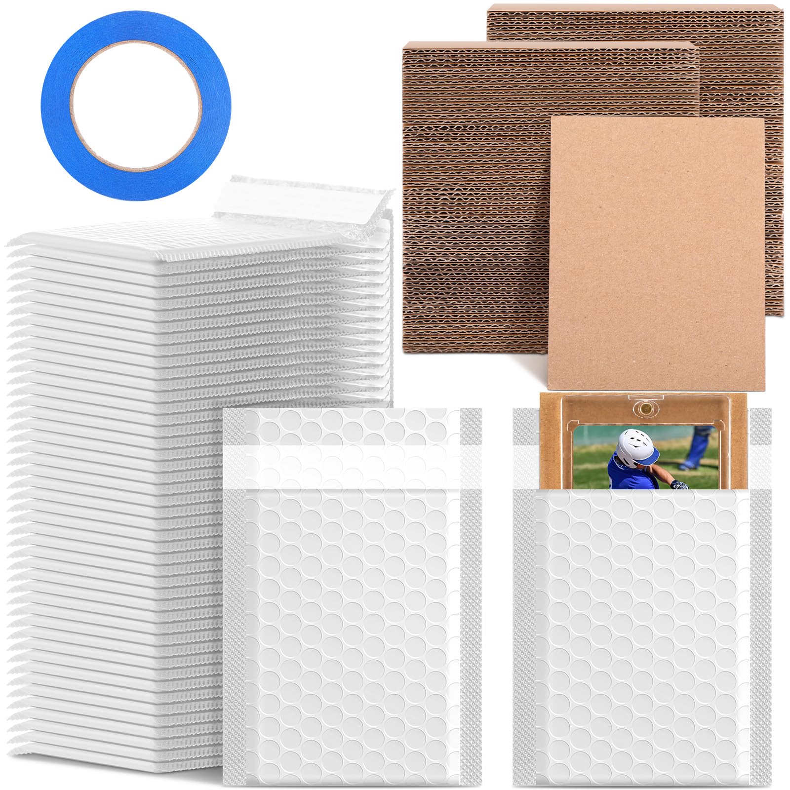 Photo 1 of Tatuo 301 Pcs Trading Card Shipping Protector Set Include 200 Corrugated Cardboard Sheets Inserts 100 Poly Bubble Mailers Padded Envelopes and Masking Tape(White)