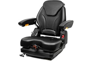 TICSEA Tractor Suspension Seat, Fold Down Forklift seat with Adjustable Angle Back, Micro Switch, Seatbelt and Armrests, Highback Low Suspension Heavy Duty for Tractor Mower Excavator Harvester