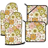 Retro 70s Style Flower Oven Mitts and Pot Holders Set 4 Pcs Extra Long Heat Resistant Gloves Potholder for Baking, BBQ, Grilling