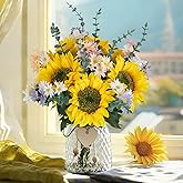 BLOSMON Sunflower Fake Flowers in Vase: Sunflowers Artificial Flowers with Vase for Table Centerpieces Decor - Silk Flower Bouquet Faux Arrangements Kitchen Bathroom Wedding Party Decoration