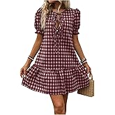 Floerns Women's Summer Puff Sleeve Gingham Ruffle Dress Tie Front Flared Short Dresses