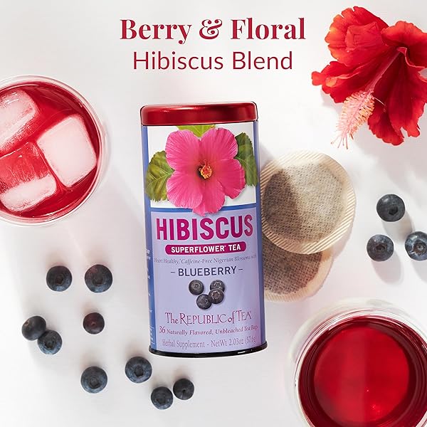 THE REPUBLIC OF TEA, HIBISCUS BLUEBERRY SUPERFLOWER HERBAL TEA, 36 TEA BAG TIN