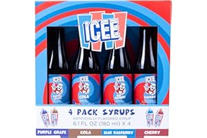 FIZZ CREATIONS ICEE 4 Pack Slushie Syrups. Genuine ICEE Shaved Ice Snow Cone Syrups including Purple Grape, Cola, Blue Raspberry and Cherry Flavors. 4 x 6.1floz. Perfect For Snow Cones, Slushies, Sodas & Ice Pops.