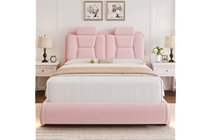 KEYLUV Full Upholstered Led Bed Frame with Wheels Decor & Adjustable Curved Headboard Modern Car-Shaped Platform Bed with Detachable Pillows Solid Wooden Slats Support No Box Spring Needed, Velvet Pink