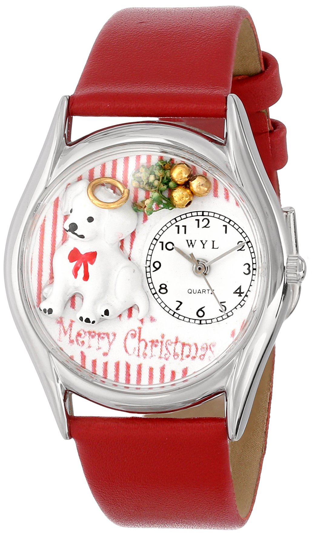 Whimsical Watches Christmas Puppy Red Leather and Silvertone Unisex Quartz Watch with White Dial Analogue Display and Multicolour Leather Strap S-1221010