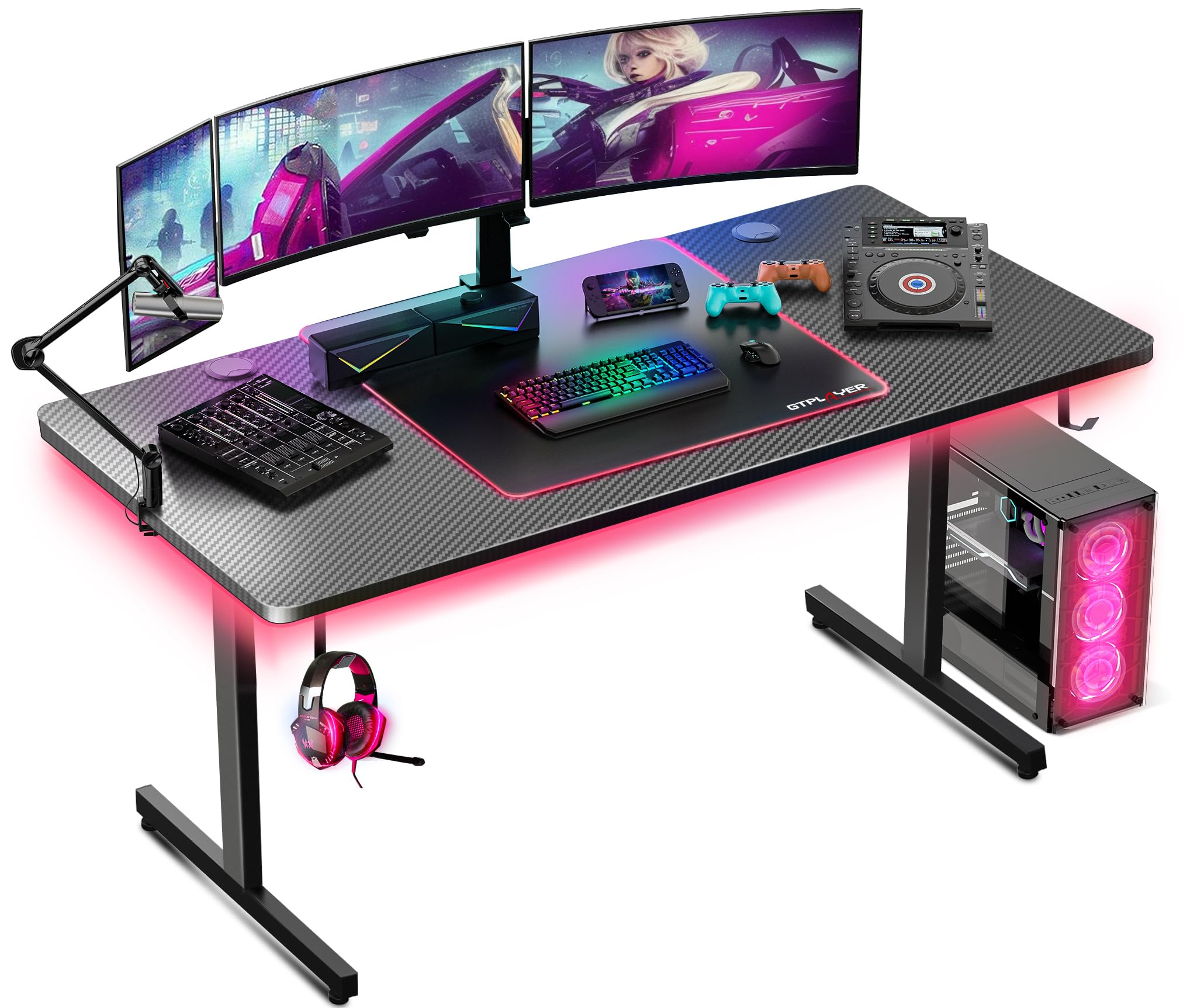 Photo 1 of **PARTS ONLY**GTPLAYER 55 Inch Gaming Desk with LED Lights, Large Computer Desk with Mouse Pad for Home Office, T-Shaped Carbon Fibre Surface PC Game Workstations with Headphone Hook