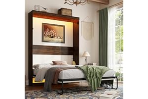 Hlivelood Queen Size Murphy Bed with 2 LED Lights, Farmhouse Wood Hidden Foldable Wall Bed Frame w/Gas Struts, Storage Bed Cabinet for Bedroom, Office, Space-Saving, No Box Spring Needed, Rustic White