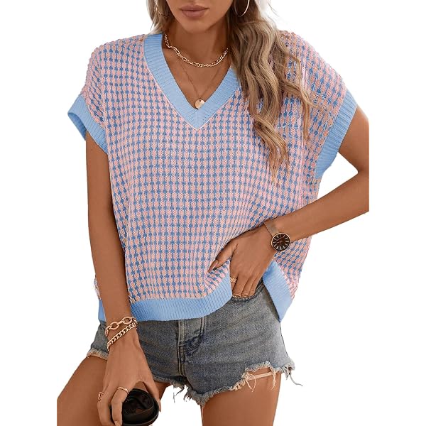 FireSwan Women's Striped Color Block Sweater Vest - Cap Sleeve, Crew Neck, Loose Knit Summer Top - View #11