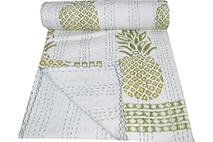 V Vedant Designs Indian Hand Hand Block Pineapple Print Yellow Kantha Quilt Throw Cotton Bedding Bedspread Gudari Single Quilt (90x60 Inch), Yellow