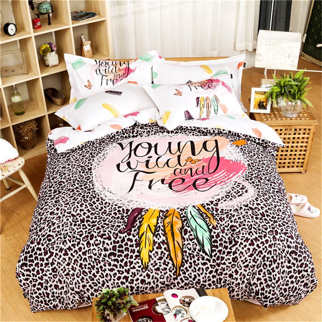 Bedream 4 Pieces Duvet Cover Bedding Set Dreamcatcher Leopard Print Pattern Soft Staple 100% Cotton Full Size - Luxurious, Comfortable, Breathable, Extremely Durable