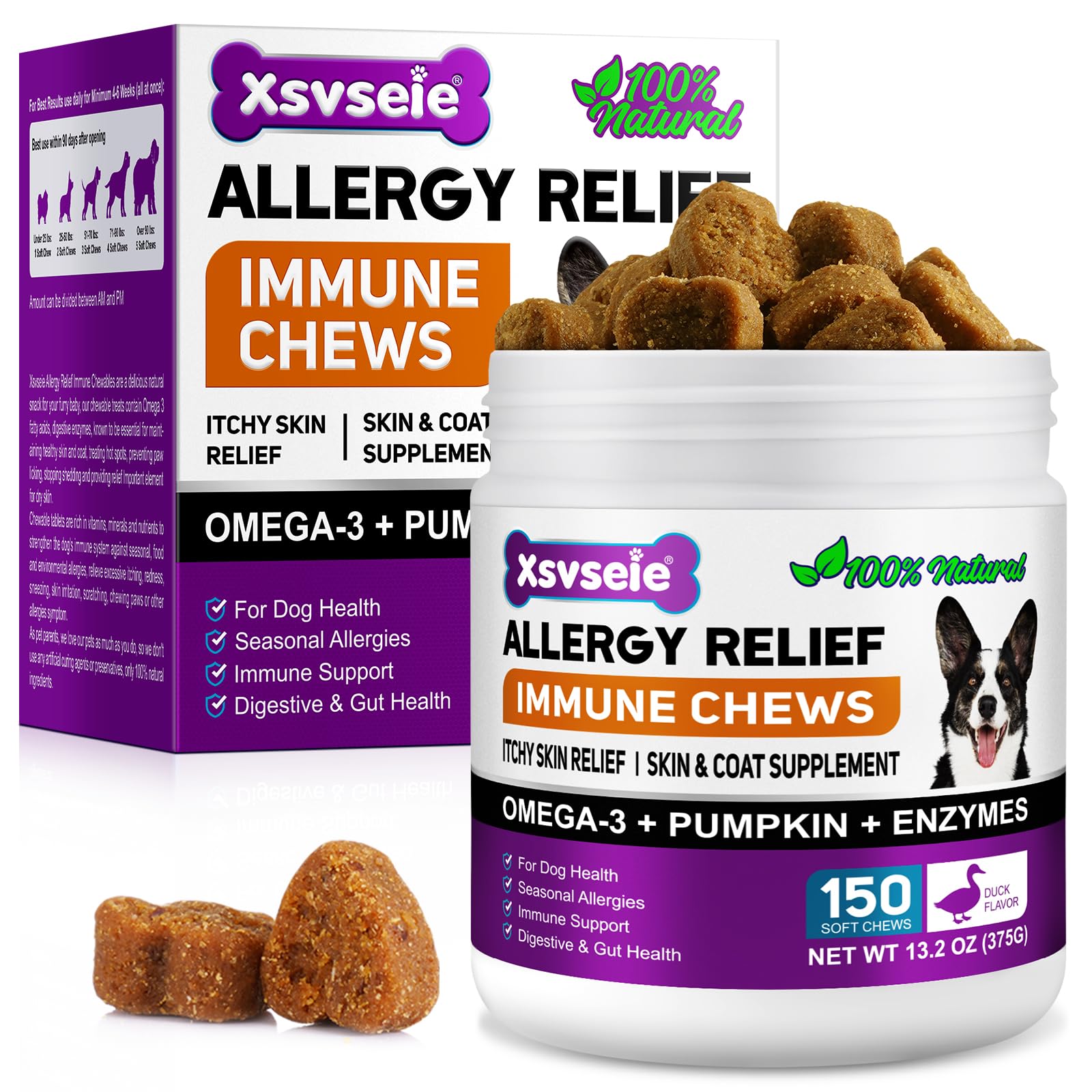 Dog Allergy Relief Immune Chews for Dogs - Itchy Dog Skin Relief, Didestive & Gut Health, Skin & Coat Health, Itch & Immunity Treats, 150 Chews for All Breeds & Sizes (Duck Flavour)