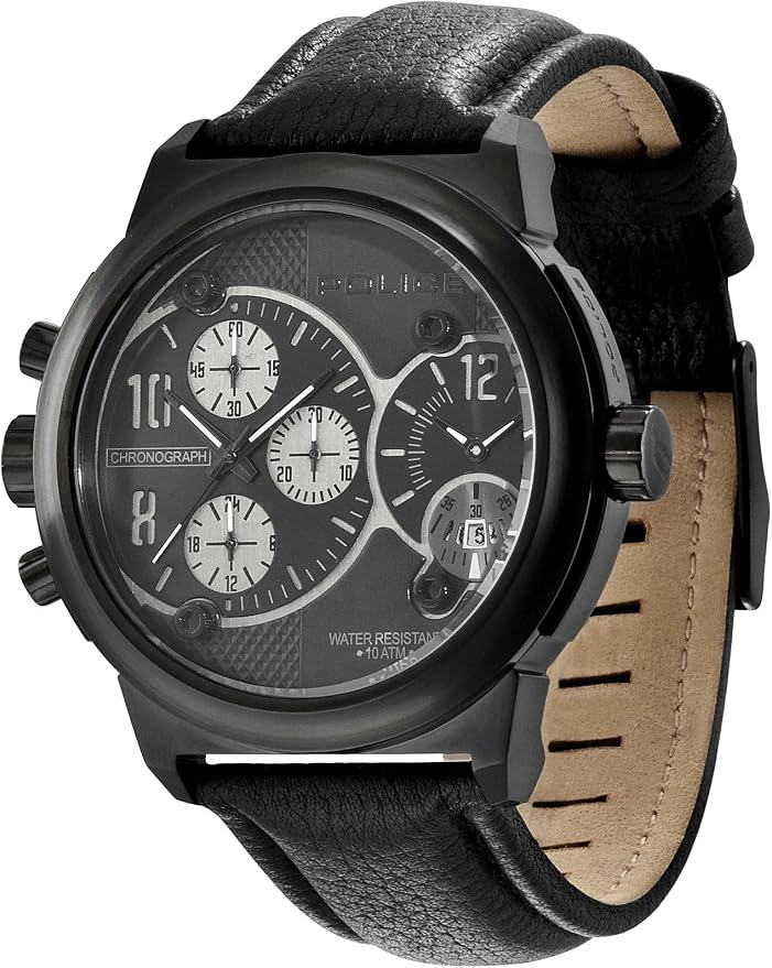 Montre Homme Police Char - Cadre Carré Argenté, Bracelet Cuir Noir - Quartz, Bon état