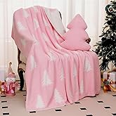 Hillsuren Pink Christmas Tree Throw Blankets and Pillow Gifts Sets Include Pink and White Double Sided Flannel Blanket 50 x 60 Inch and Plush Throw Pillow for Xmas Couch Sofa Bed Home Decorations