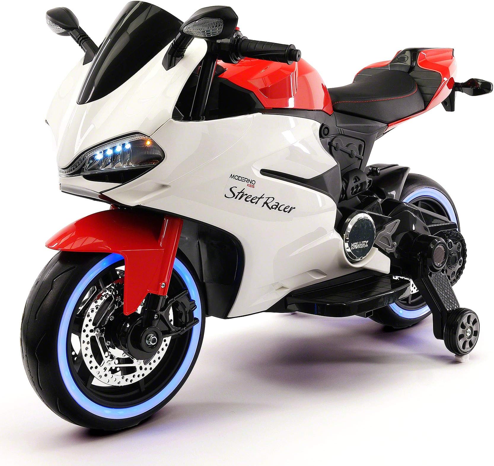 2020 Racing Style Kids Ride-On Motorcycle Toy for Kids | Leather | LED Body Kit | 12V Powered | 2 Wheels | Training Wheels | (Red)
