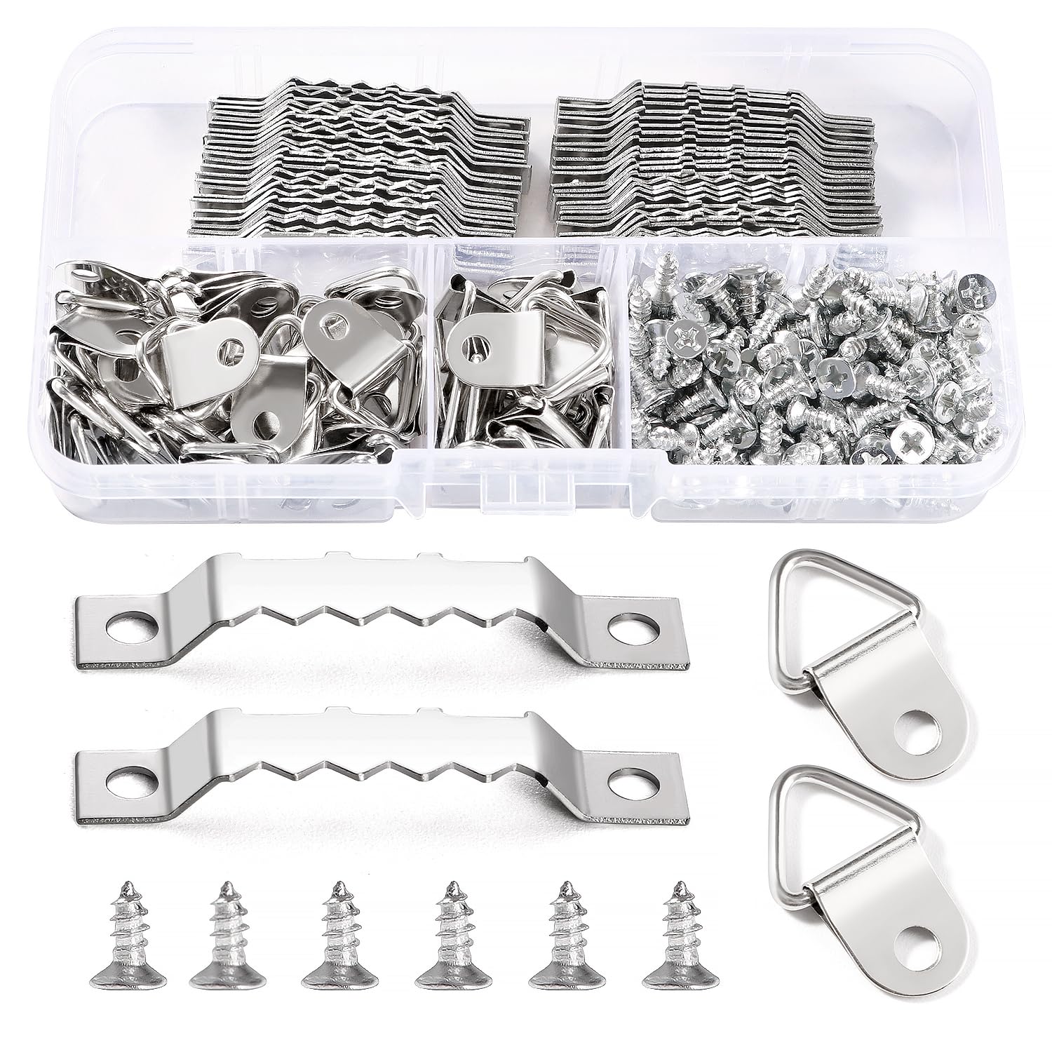 YIXISI 100 PCS Picture Hanging Kit, Picture Frame Hangers, Sawtooth Photo Frames Hooks, Triangle Ring Hanger, Picture Hangers with 150 Screws, for Picture Photo Frame Hanging Home Decoration, Silver