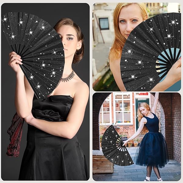 ATTRACME 8 PCS LARGE GLITTER FOLDING FANS BULK WITH SLEEVES FOR LINE DANCING, 13-INCH GLITTERY BLACK CLACKING FAN POPPING FANS, LINE DANCE RETRO FOLD FAN FOR FESTIVALS, PARTIES-BLACK