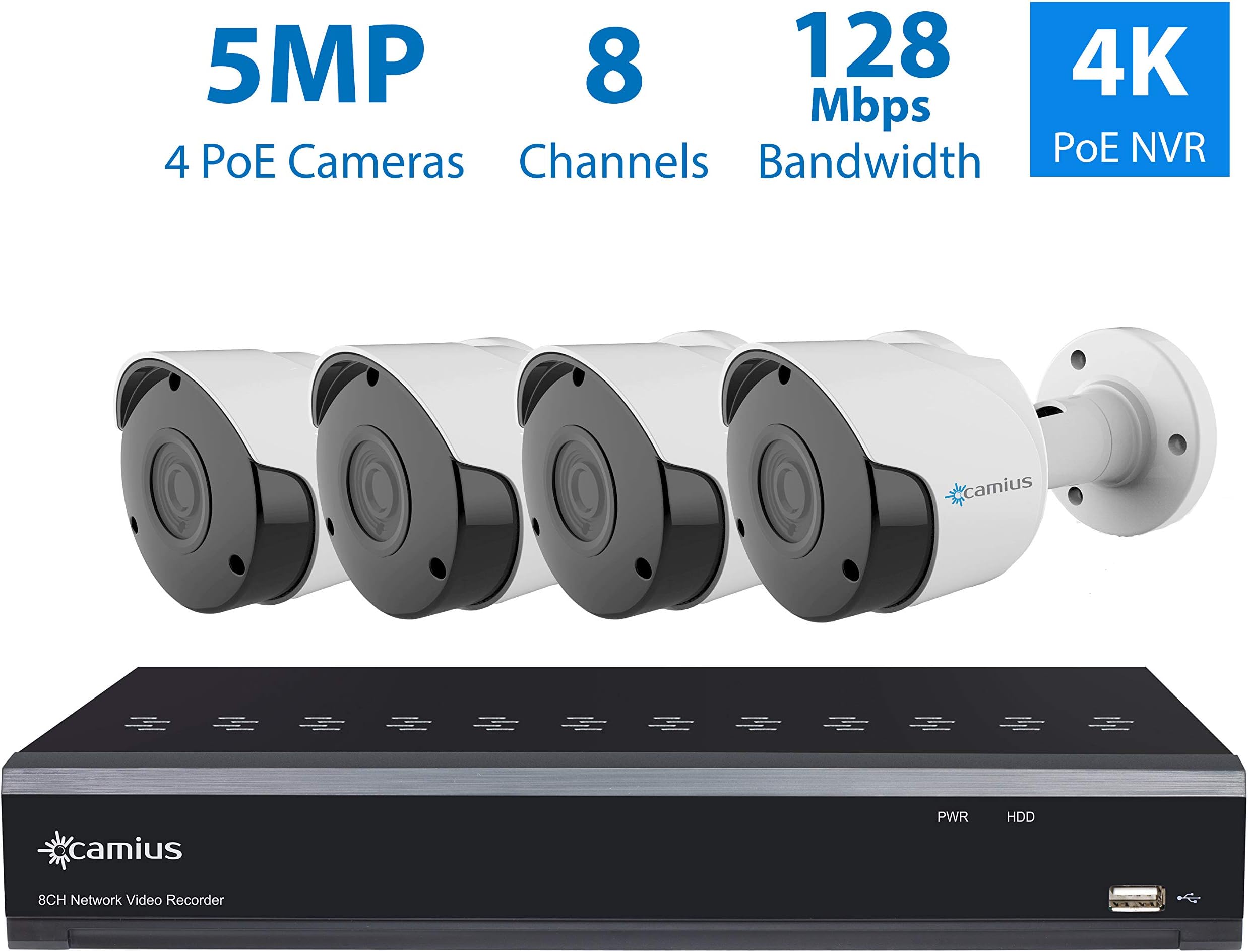 Camius 8CH 5MP PoE Home Security Camera System, 4 Wired Outdoor IP Bullet Video Surveillance Bullet Cameras, Ultra HD 4K 8 Channel NVR,Mac,PC,Browser Viewer, Camera App 8P2B0T (Without HDD)